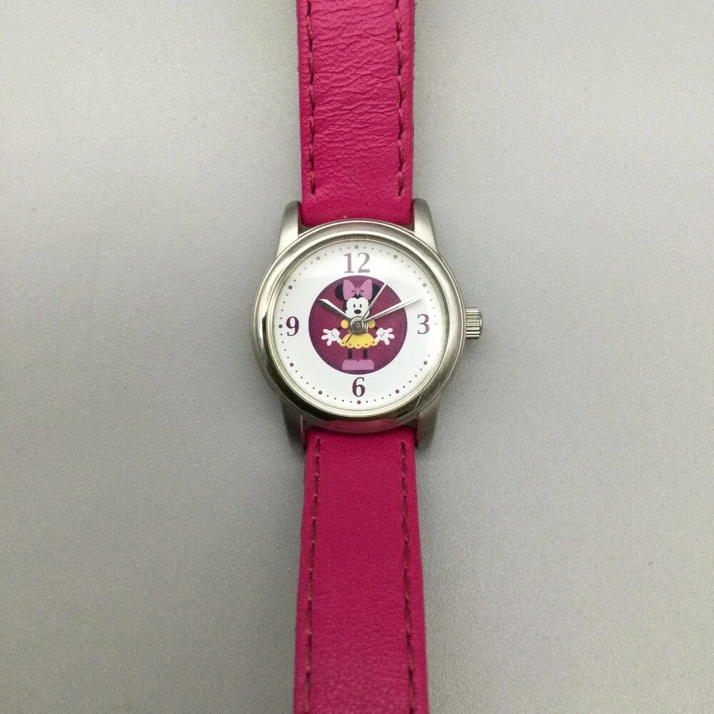 Disney Minnie Mouse Girls Watch 23mm Silver Tone Pink Leather MCO242 New Battery